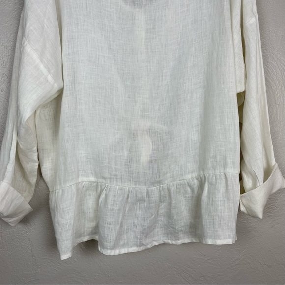 FLAX Linen White Button Down Long Sleeve Button Up Ruffle Hem Blouse M - Picture 8 of 10